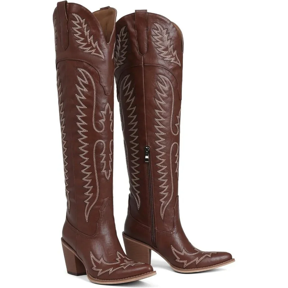 Women Over The Knee Western Boots Classic Embroidered Chunky Heel Slip On Brown